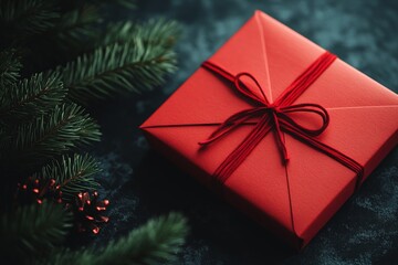 Gift wrapped in red paper with a red bow beside a fir tree branch during the holiday season