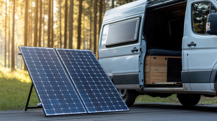 A solar panel setup next to a van in a forest, promoting sustainable energy for outdoor adventures.