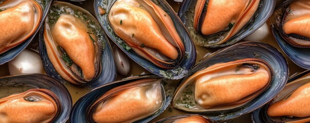 A close-up view of cooked mussels in a flavorful broth.