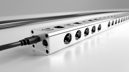 A sleek power strip with multiple outlets, isolated on white.