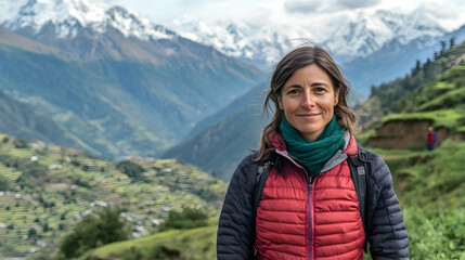 Naklejka premium Woman at serene mountain valley Himalayas Nepal Asia snow peaks green slopes