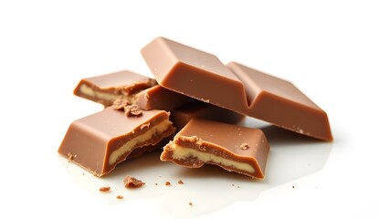 Milk chocolate bar breaking into pieces, isolated on white background. Sweet and indulgent concept for dessert.