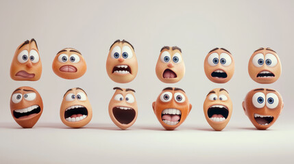 Cartoon faces with different expressions, mostly happy and smiling, featuring the eyes and mouth, design elements on white