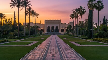 Obraz premium Sunrise view of a grand palace with symmetrical gardens and palm trees.