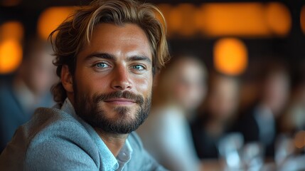 Fototapeta premium Confident businessman sitting in a group at a business seminar or workshop