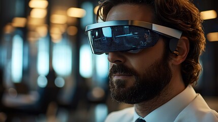 Futuristic Business Leader Utilizing Augmented Reality Technology in High Tech Boardroom for Data Driven Decision Making and Strategic Planning