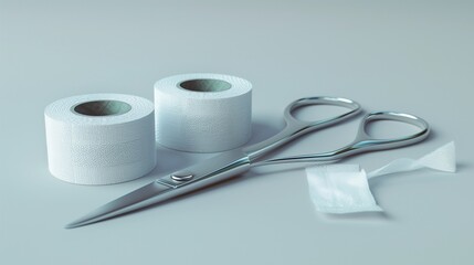 A pair of medical scissors lying next to gauze rolls, isolated with high detail on a neutral background.