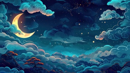 Fototapeta na wymiar Crescent moon, stars, and stylized clouds in a night sky.