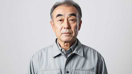 Obraz premium 白背景で撮影された作業服姿の真剣な表情の40代日本人男性