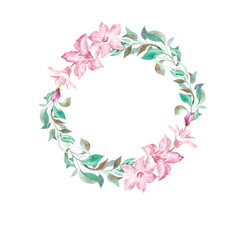 wreath of pink flowers on white background