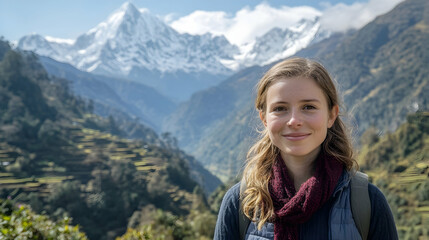 Naklejka premium Woman at serene mountain valley Himalayas Nepal Asia snow peaks green slopes