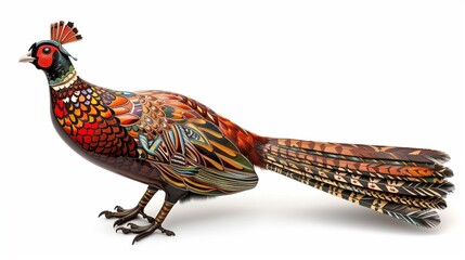 A stunning wooden pheasant with brightly painted patterns and detailed carvings, isolated on a white background.