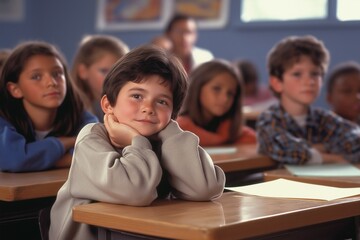 Classroom learning: Students sitting at desks, listening attentively to their teacher explaining a lesson