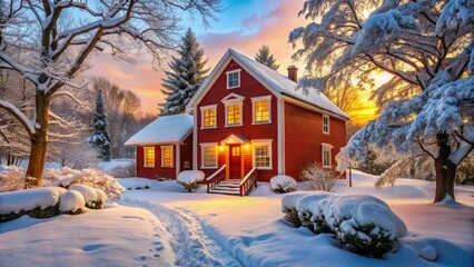 Snowy Red House Winter Wonderland - Classic Architecture, Cozy Entrance, Serene Scene, Eye Level View