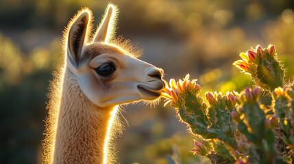 Llama smelling blooming cactus flowers in the desert at sunset