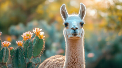 Llama standing near blooming cacti in the desert during sunset