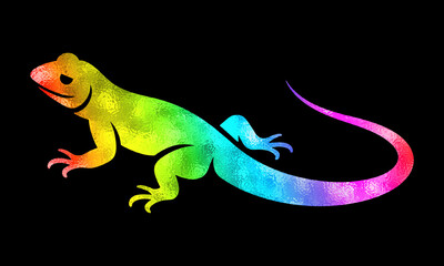 Fototapeta premium トカゲの虹色グラデーションのシルエットイラスト 黒背景の切り抜き