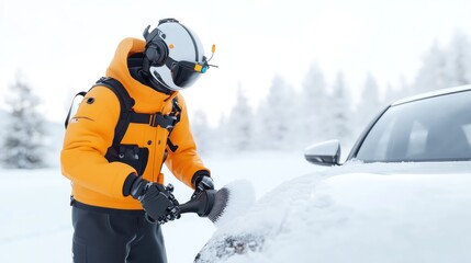 Person clearing snow off a car in a winter landscape.