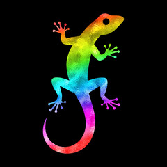 トカゲの虹色グラデーションのシルエットイラスト　黒背景の切り抜き