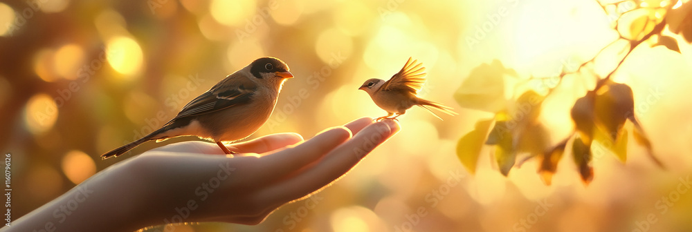 Poster two birds perched on a hand with golden light in the background, symbolizing connection and harmony
