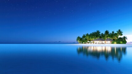 Serene tropical island at dusk with calm waters and palm trees.