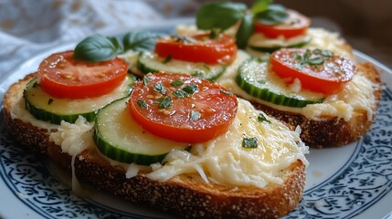 Cucumber and Tomato Bruschetta Toast with Fresh Basil Leaves.