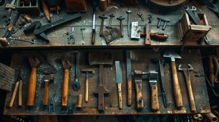 Antique tools on a workbench. Various tools, hammers, pliers, chisels, and other metalworking equipment displayed on a dark wooden surface.