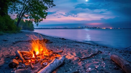 Beach bonfire at twilight with city skyline. (1)