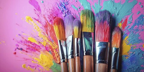 Obraz premium Various paint brushes in a colorful bucket on a wooden tablesetBackground.