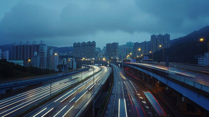 Fototapeta premium Illuminated trails of car lights stretch across a highway in a nighttime long-exposure, capturing the relentless pace of urban transportation and freight movement.