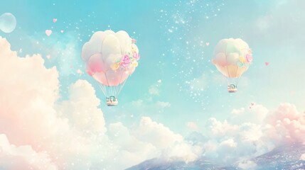 Obraz premium watercolor hot air balloons fly through a heart-shaped cloud in a vibrant summer sky, symbolizing love and celebration
