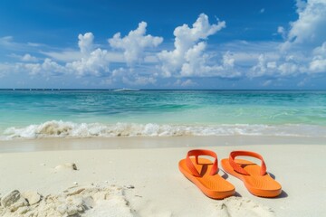 Obraz premium Orange sandals on sand, turquoise sea, sunny sky, white clouds.