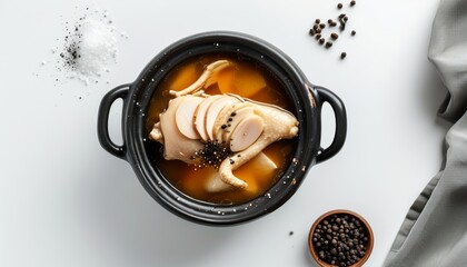 Fototapeta premium Traditional Korean Samgyetang with Ginseng and Chicken in Ceramic Pot on White Background