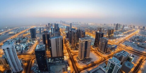 Gleaming skyline lights up the night with breathtaking beauty and modern architecture.