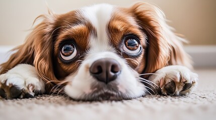 Naklejka premium Dog on floor, relaxed and playful, domestic pet, adoption and foster care