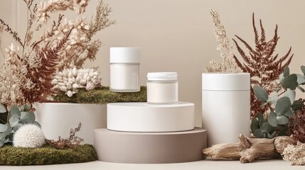 Medium-sized natural podium features moss and wood, providing an elegant setting for product display in a minimalistic style