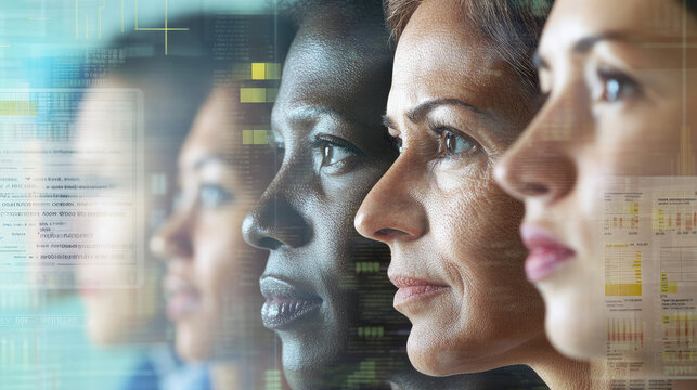 Diverse group of people with thoughtful expressions, surrounded by questionnaires and charts, symbolizing consumer survey insights and market research analysis.