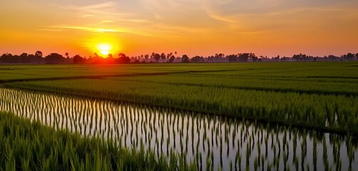 Obraz premium Paddy field at dusk, Rice field at sunset