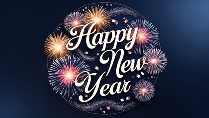 Festive celebration with golden fireworks illuminating a night sky and a joyful New Year greeting adorned with sparkling elements