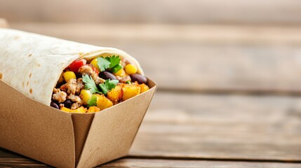 Grilled vegetable and chickpea wrap with vibrant toppings, garnished with parsley and served in a kraft tray, ideal for modern vegan food concepts and fresh dining imagery