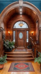 Obraz premium A welcoming Victorian hallway features intricate woodwork, rich tapestries, and elegant chandeliers for vintage charm
