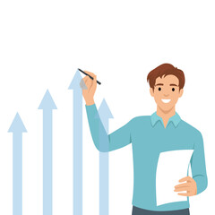 Businessman draws graph of growth. Flat vector illustration isolated on white background