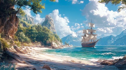 Obraz premium A serene and picturesque scene of a ship sailing on calm waters near a secluded beach with towering mountains in the background.