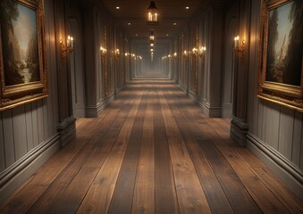 This spacious hallway showcases rich wooden floors and elegant wall panels, illuminated by softly glowing lights
