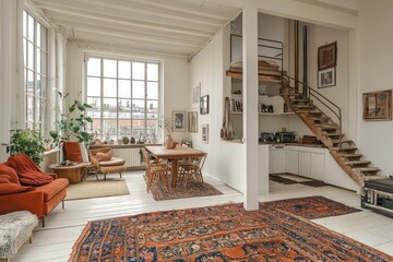 Fototapeta premium Open-plan loft with white walls, wood floors, plants, and comfy seating for a serene vibe