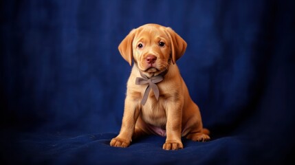 A cute red labrador puppy with a bowtie sits against a blue backdrop, exuding charm and playfulness.
