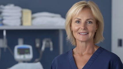 Close-up Photo: Confident Female Doctor Smiling Calmly in Modern Medical Office. AI Generated