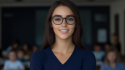 Close-up Photo: Confident Young Woman Smiling Gently in Classroom Setting. AI Generated