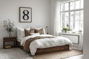 Bright and airy Scandinavian bedroom displays wooden furniture, soft linens, and minimalist decor accented by plants