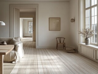 Fototapeta premium Scandinavian apartment boasts light wood floors and minimal decor for a bright, airy feel throughout the day